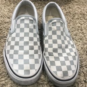 Baby blue checkered slip on vans
